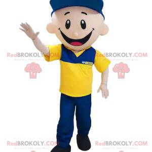 Postman garage mascot dressed in blue and yellow -