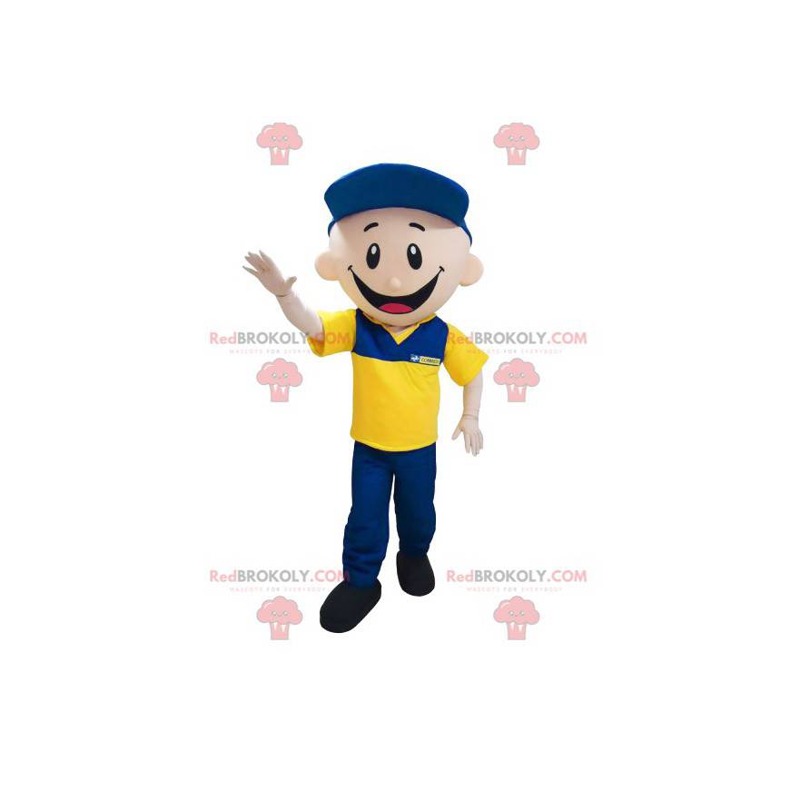 Postman garage mascot dressed in blue and yellow -