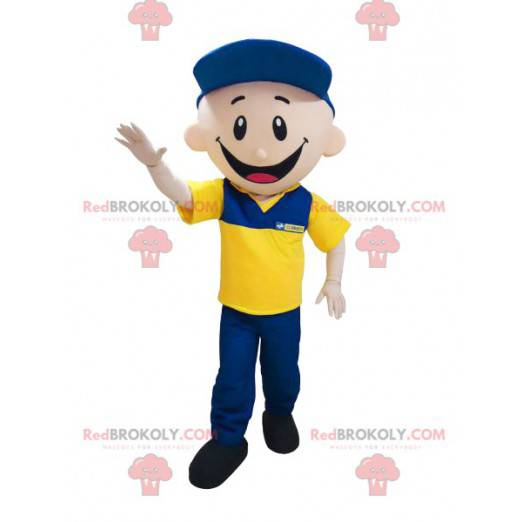 Mascotte garage postino vestita di blu e giallo - Redbrokoly.com