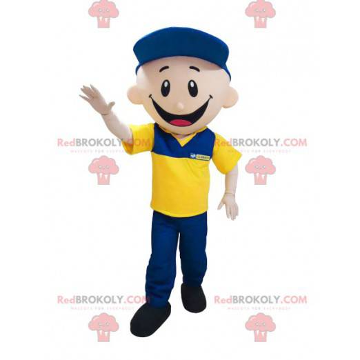 Postman garage mascot dressed in blue and yellow -