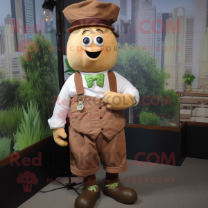 Rust Turnip mascot costume character dressed with a Oxford Shirt and Suspenders