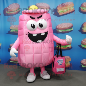 Pink Hamburger mascot costume character dressed with a Dress Shirt and Messenger bags