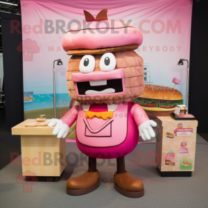 Pink Hamburger mascot costume character dressed with a Dress Shirt and Messenger bags