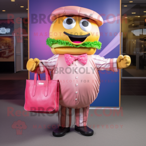 Pink Hamburger mascot costume character dressed with a Dress Shirt and Messenger bags