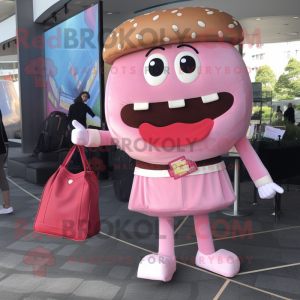 Pink Hamburger mascot costume character dressed with a Dress Shirt and Messenger bags