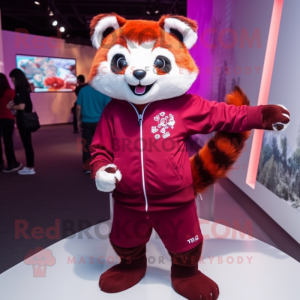 Magenta Red Panda mascot costume character dressed with a Graphic Tee and Shoe laces