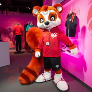 Magenta Red Panda mascot costume character dressed with a Graphic Tee and Shoe laces