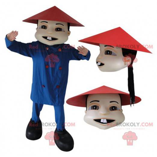 Asiatisk kinesisk mand maskot i traditionel kjole -
