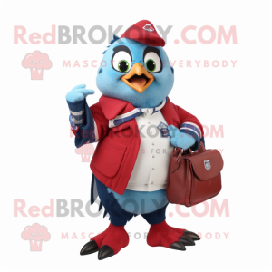 Red Blue Jay mascot costume character dressed with a Cardigan and Handbags