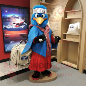 Red Blue Jay mascot costume character dressed with a Cardigan and Handbags