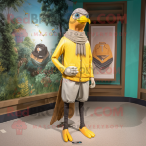 Yellow Passenger Pigeon mascot costume character dressed with a Joggers and Scarf clips