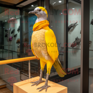Yellow Passenger Pigeon mascot costume character dressed with a Joggers and Scarf clips