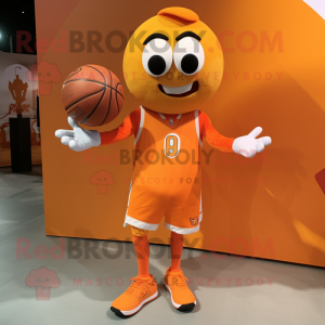 Orange Basketball Ball mascot costume character dressed with a Graphic Tee and Lapel pins