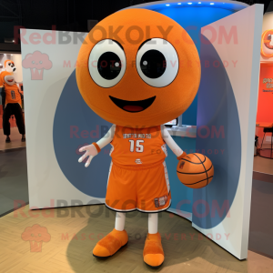 Orange Basketball Ball mascot costume character dressed with a Graphic Tee and Lapel pins