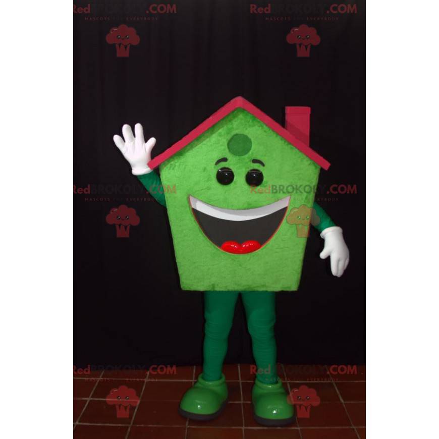 Smiling green house mascot with a red roof - Redbrokoly.com