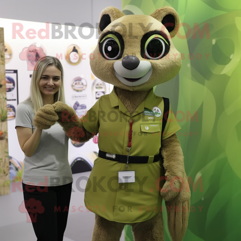 Olive Meerkat mascot costume character dressed with a Shift Dress and Smartwatches