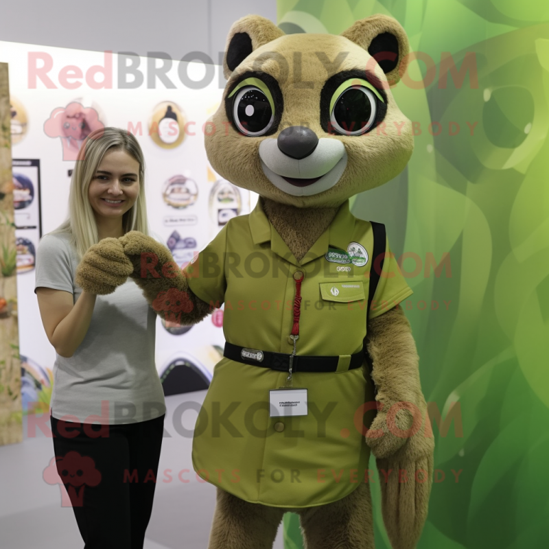 Olive Meerkat mascot costume character dressed with a Shift Dress and Smartwatches Olive Meerkat mascot costume character dressed with a Shift Dress and Smartwatches