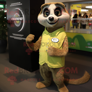 Olive Meerkat mascot costume character dressed with a Shift Dress and Smartwatches