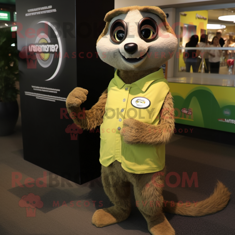 Olive Meerkat mascot costume character dressed with a Shift Dress and Smartwatches Olive Meerkat mascot costume character dressed with a Shift Dress and Smartwatches