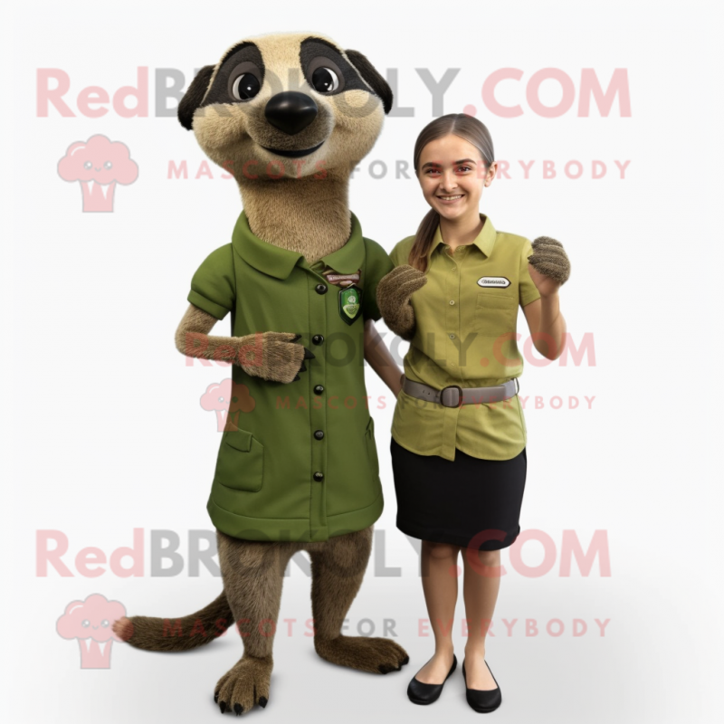 Olive Meerkat mascot costume character dressed with a Shift Dress and Smartwatches Olive Meerkat mascot costume character dressed with a Shift Dress and Smartwatches
