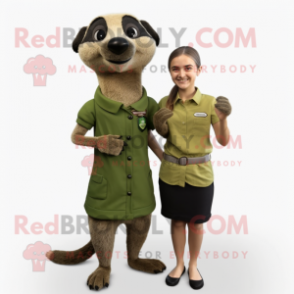 Olive Meerkat mascot costume character dressed with a Shift Dress and Smartwatches