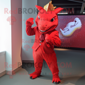 Red Triceratops mascot costume character dressed with a Jumpsuit and Tie pins