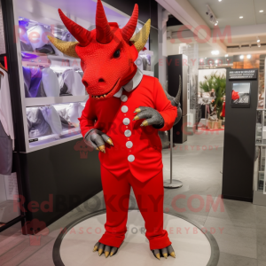 Red Triceratops mascot costume character dressed with a Jumpsuit and Tie pins