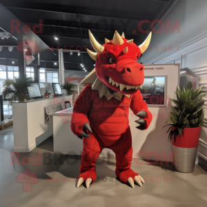 Red Triceratops mascot costume character dressed with a Jumpsuit and Tie pins