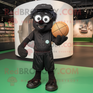 Black Handball Ball mascot costume character dressed with a Overalls and Reading glasses