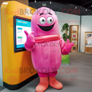 Pink Mango mascot costume character dressed with a Turtleneck and Mittens