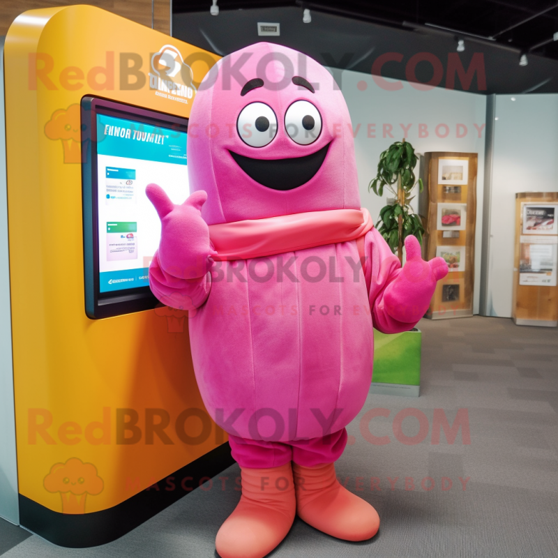Pink Mango mascot costume character dressed with a Turtleneck and Mittens Pink Mango mascot costume character dressed with a Turtleneck and Mittens