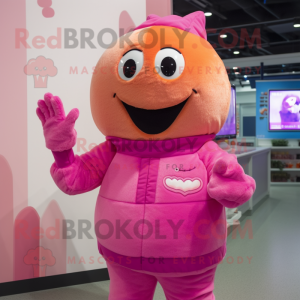 Pink Mango mascot costume character dressed with a Turtleneck and Mittens