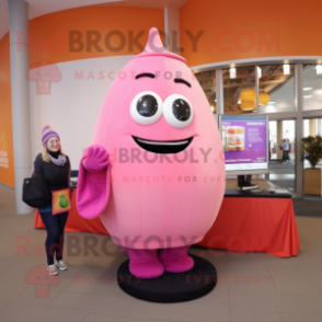 Pink Mango mascot costume character dressed with a Turtleneck and Mittens