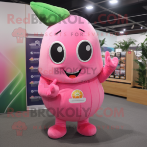 Pink Mango mascot costume character dressed with a Turtleneck and Mittens
