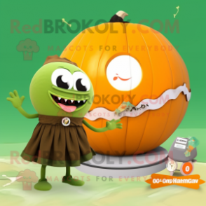 Olive Pumpkin mascot costume character dressed with a Bikini and Rings