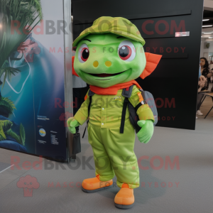 Lime Green Goldfish mascot costume character dressed with a Cargo Pants and Keychains