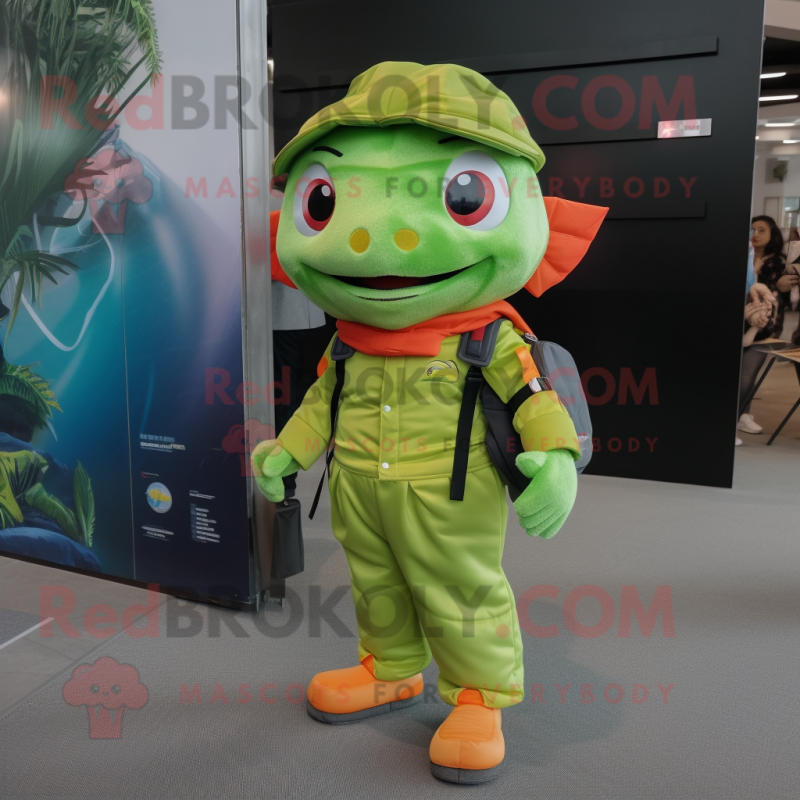 Lime Green Goldfish mascot costume character dressed with a Cargo Pants and Keychains