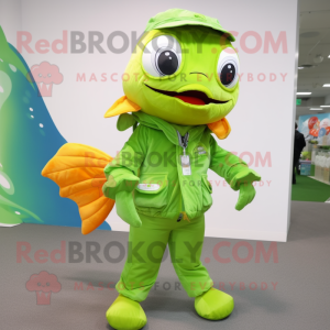 Lime Green Goldfish mascot costume character dressed with a Cargo Pants and Keychains