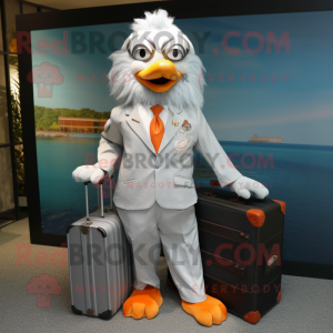 Silver Mandarin mascot costume character dressed with a Henley Shirt and Briefcases