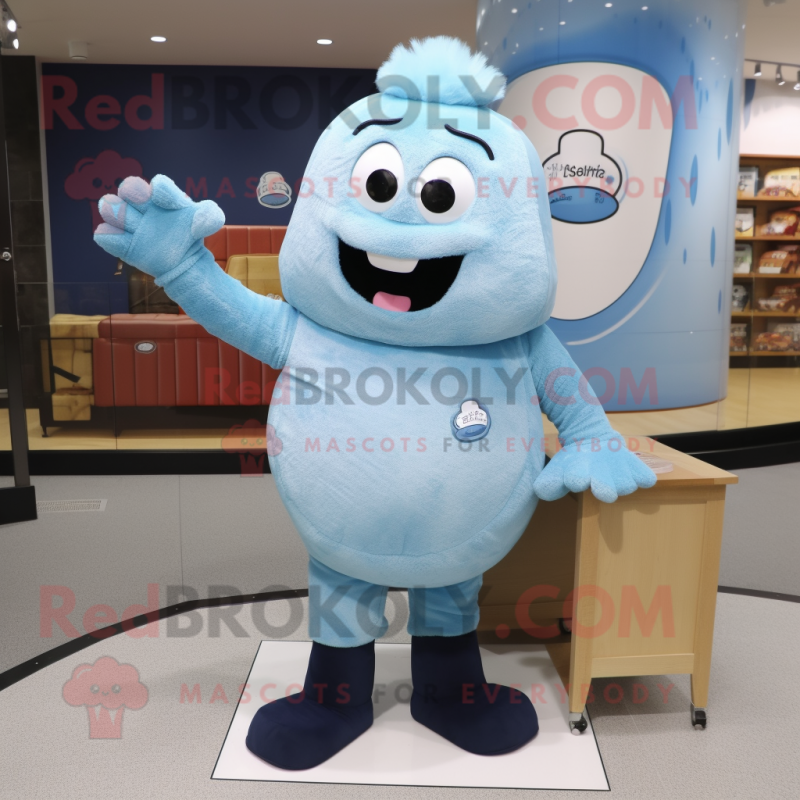 Sky Blue Steak mascot costume character dressed with a Henley Tee and Clutch bags