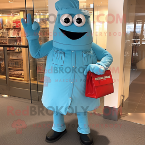 Sky Blue Steak mascot costume character dressed with a Henley Tee and Clutch bags