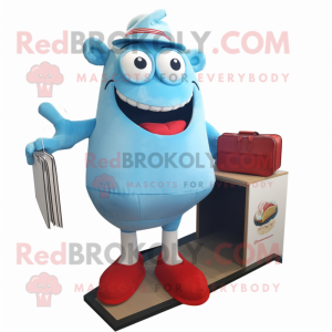 Sky Blue Steak mascot costume character dressed with a Henley Tee and Clutch bags