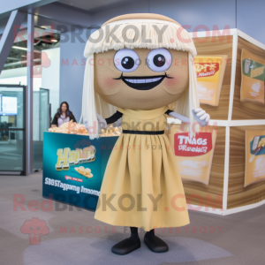 Tan Ramen mascot costume character dressed with a Pencil Skirt and Earrings