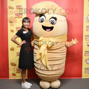 Tan Ramen mascot costume character dressed with a Pencil Skirt and Earrings