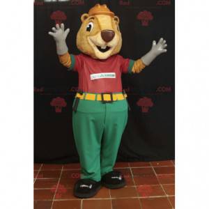 Mascotte de castor beige en tenue d'ouvrier - Redbrokoly.com