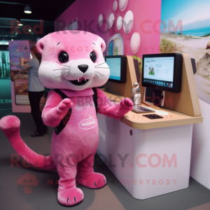 Pink Otter mascot costume character dressed with a Playsuit and Hair clips