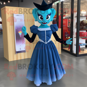 Cyan Vampire mascot costume character dressed with a Empire Waist Dress and Backpacks