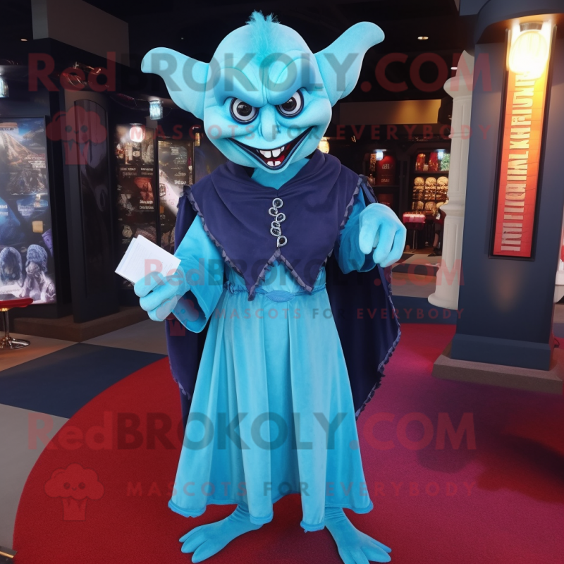 Cyan Vampire mascot costume character dressed with a Empire Waist Dress and Backpacks