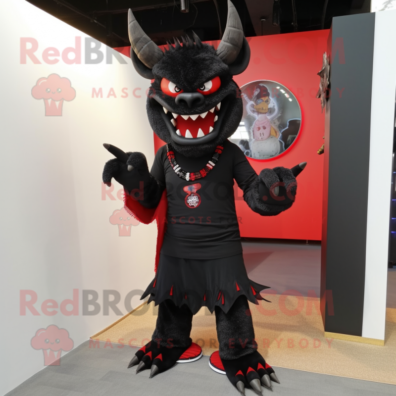 Black Devil mascot costume character dressed with a Graphic Tee and Scarf clips Black Devil mascot costume character dressed with a Graphic Tee and Scarf clips