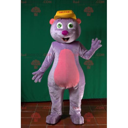 Roztomilý a zábavný maskot fialové a růžové krtek -
